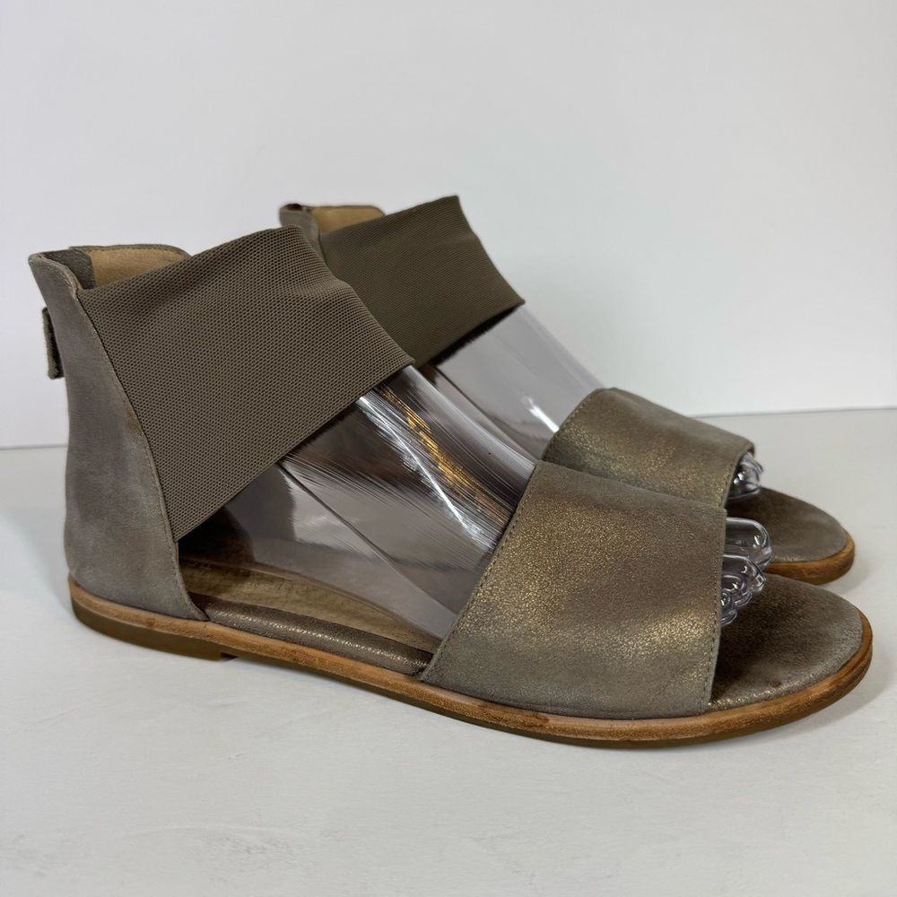 Eileen Fisher Sign Leather Two-Piece Open Toe Flat Sandal Metallic Rustic Gray 8